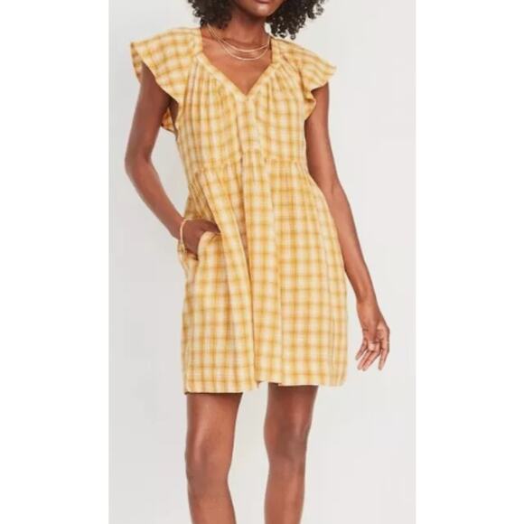 Old Navy Dresses & Skirts - Old Navy Flounce Sleeve Yellow Plaid Mini Swing Dress Women Sz 3X Cotton Cottage